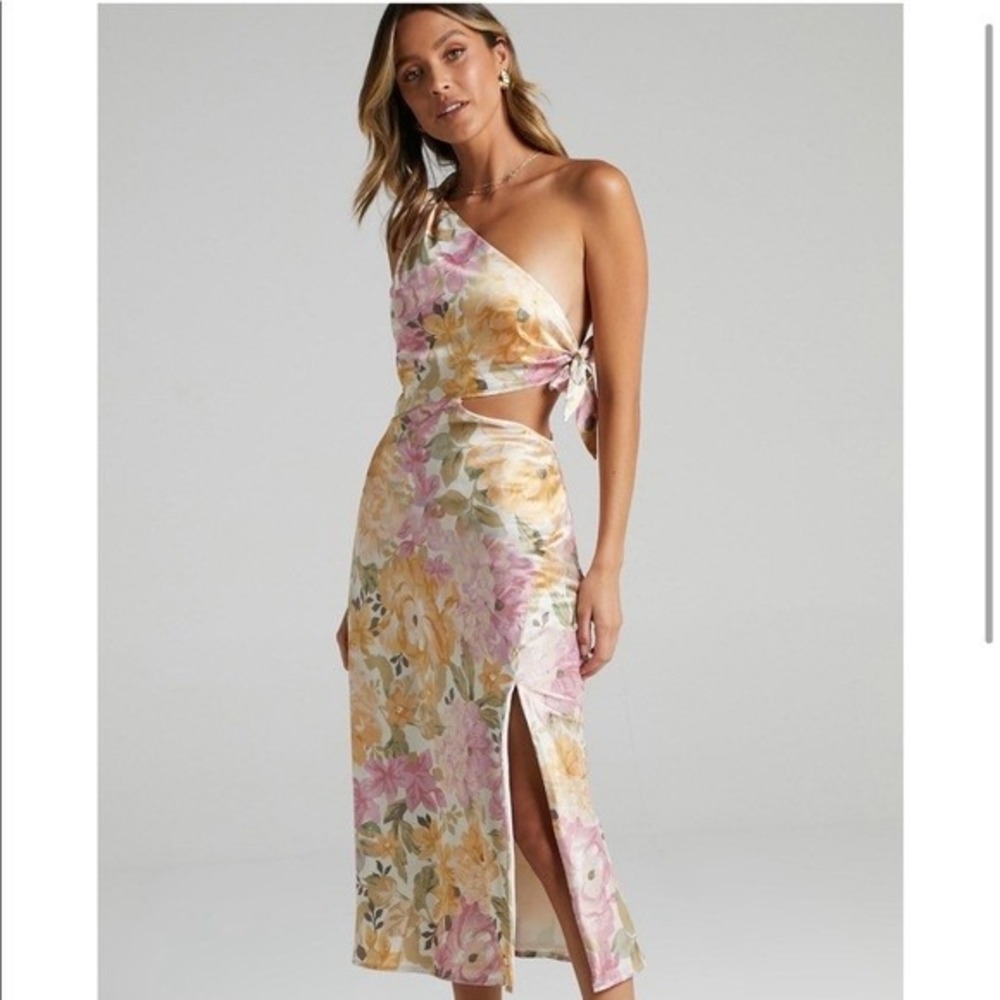 Showpo Glaucus Midi Dress 10 Floral One Shoulder Cut Out Satin Romantic Feminine